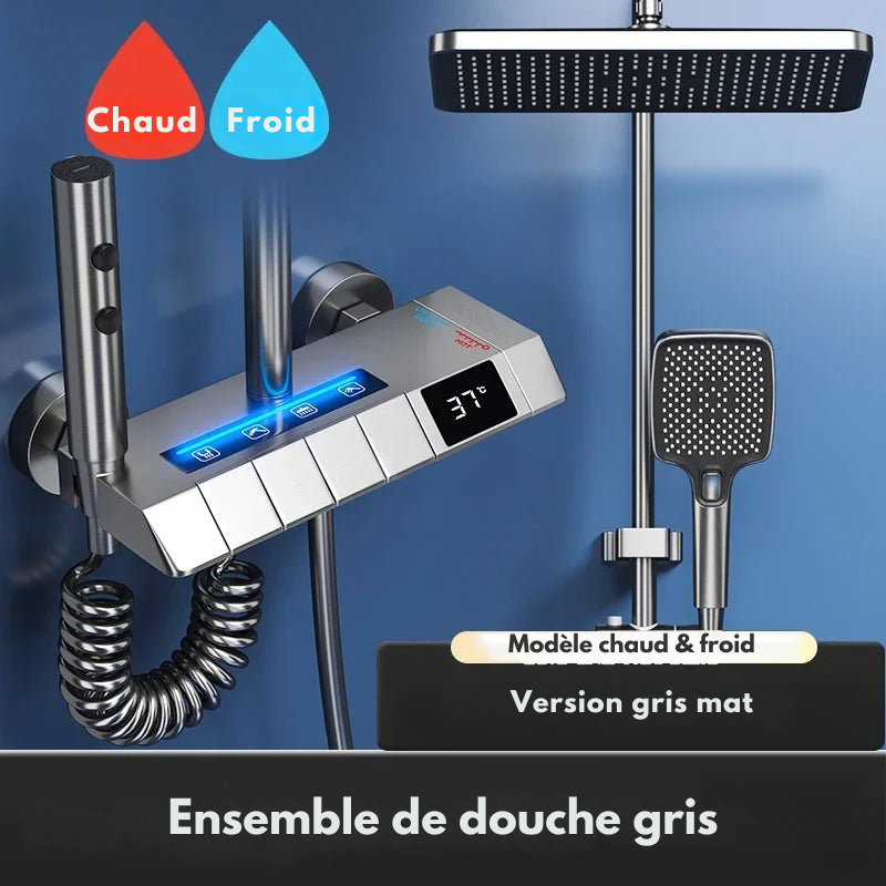 Colonne de Douche Thermostatique Grise LED – Mitigeur Robinet Thermostatique & Affichage Température avec Système Douche effet Pluie et Bec Baignoire