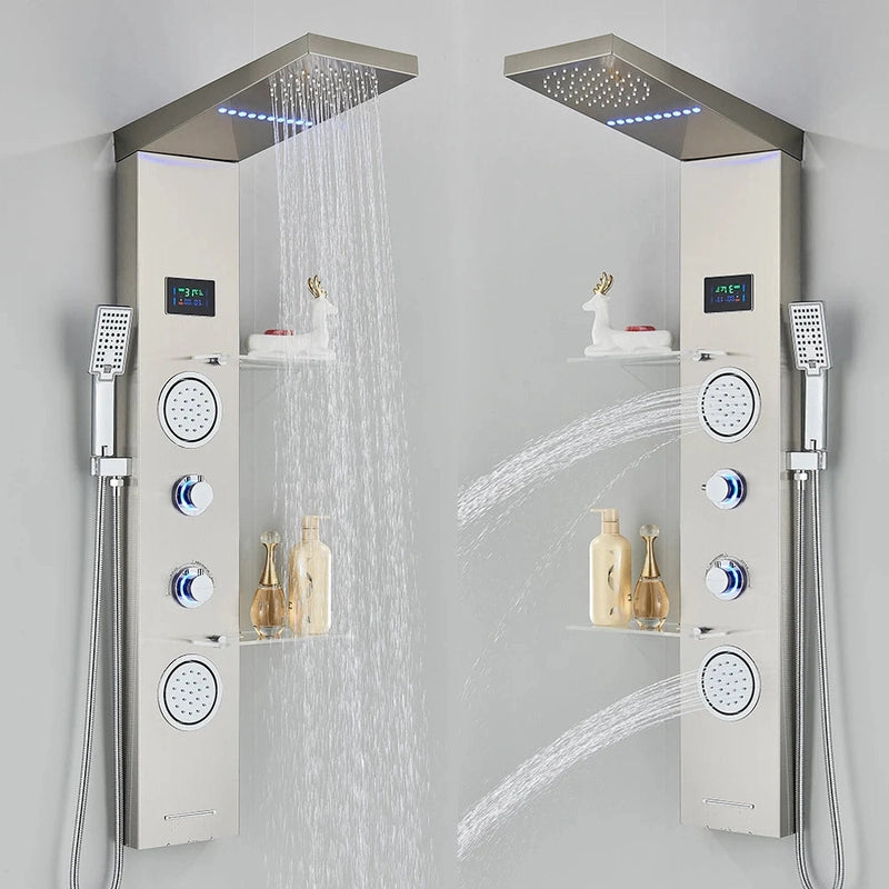 Colonne de Douche Hydromassante Or LED avec Jets de Massage – Panneau Cascade & Affichage Digital – Acier Inoxydable et Laiton pour Salle de Bain Moderne