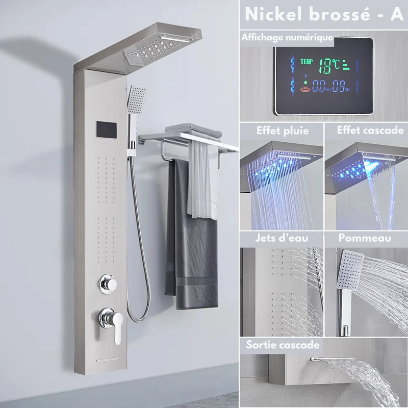 Colonne de Douche Hydromassante Or LED avec Jets de Massage – Panneau Cascade & Affichage Digital – Acier Inoxydable et Laiton pour Salle de Bain Moderne