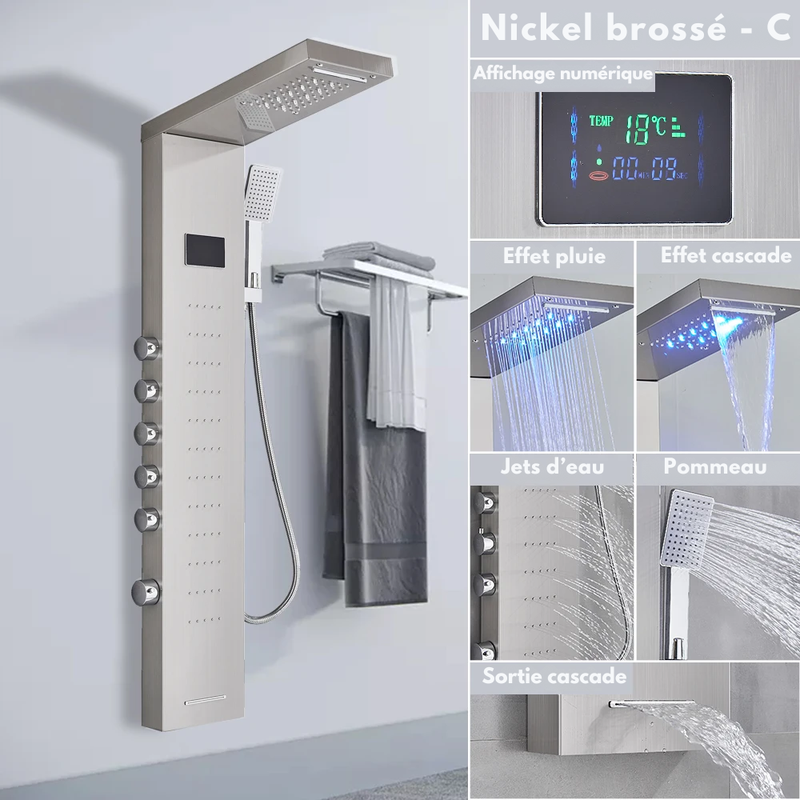 Colonne de Douche Hydromassante Or LED avec Jets de Massage – Panneau Cascade & Affichage Digital – Acier Inoxydable et Laiton pour Salle de Bain Moderne