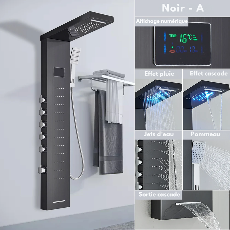 Colonne de Douche Hydromassante Or LED avec Jets de Massage – Panneau Cascade & Affichage Digital – Acier Inoxydable et Laiton pour Salle de Bain Moderne