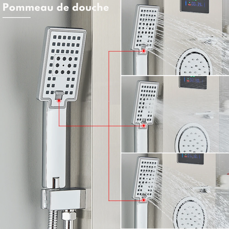 Colonne de Douche Hydromassante Or LED avec Jets de Massage – Panneau Cascade & Affichage Digital – Acier Inoxydable et Laiton pour Salle de Bain Moderne