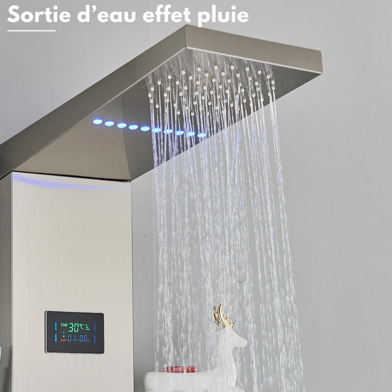 Colonne de Douche Hydromassante Or LED avec Jets de Massage – Panneau Cascade & Affichage Digital – Acier Inoxydable et Laiton pour Salle de Bain Moderne