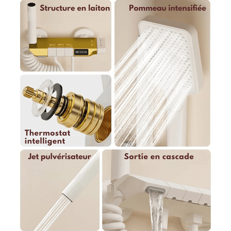 Colonne de Douche Thermostatique Blanche LED – Affichage Température, Jets Pressurisés & Système Douche Pluie avec Mélangeur Eau Chaude/Froide et Robinet thermostatique en Laiton