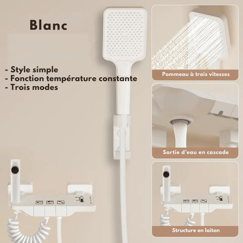 Colonne de Douche Thermostatique Blanche LED – Affichage Température, Jets Pressurisés & Système Douche Pluie avec Mélangeur Eau Chaude/Froide et Robinet thermostatique en Laiton