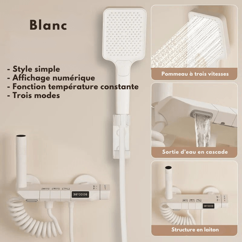 Colonne de Douche Thermostatique Blanche LED – Affichage Température, Jets Pressurisés & Système Douche Pluie avec Mélangeur Eau Chaude/Froide et Robinet thermostatique en Laiton