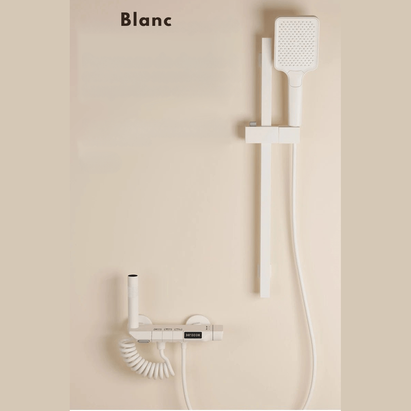 Colonne de Douche Thermostatique Blanche LED – Affichage Température, Jets Pressurisés & Système Douche Pluie avec Mélangeur Eau Chaude/Froide et Robinet thermostatique en Laiton