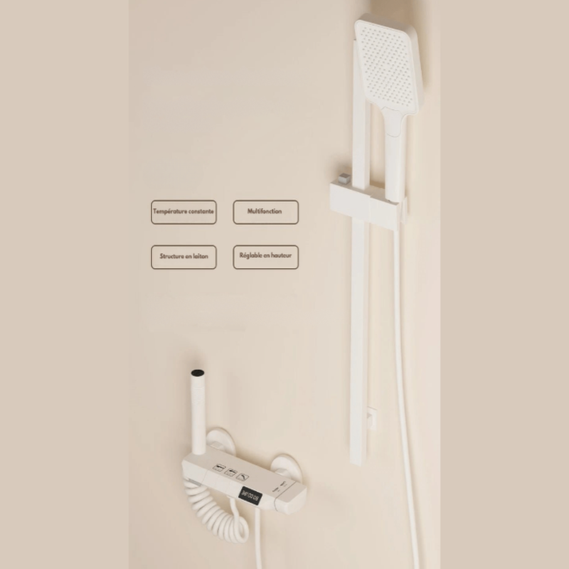 Colonne de Douche Thermostatique Blanche LED – Affichage Température, Jets Pressurisés & Système Douche Pluie avec Mélangeur Eau Chaude/Froide et Robinet thermostatique en Laiton