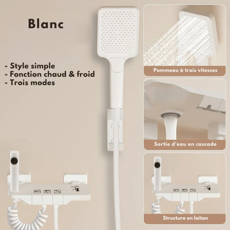 Colonne de Douche Thermostatique Blanche LED – Affichage Température, Jets Pressurisés & Système Douche Pluie avec Mélangeur Eau Chaude/Froide et Robinet thermostatique en Laiton