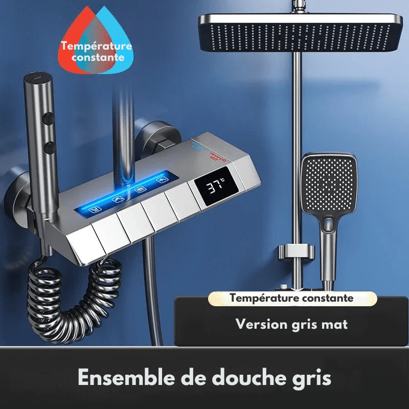 Colonne de Douche Thermostatique Grise LED – Mitigeur Robinet Thermostatique & Affichage Température avec Système Douche effet Pluie et Bec Baignoire