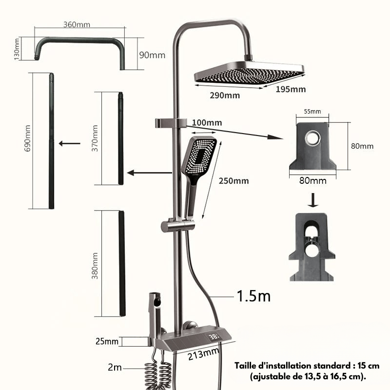 Colonne de Douche Thermostatique Grise LED – Mitigeur Robinet Thermostatique & Affichage Température avec Système Douche effet Pluie et Bec Baignoire