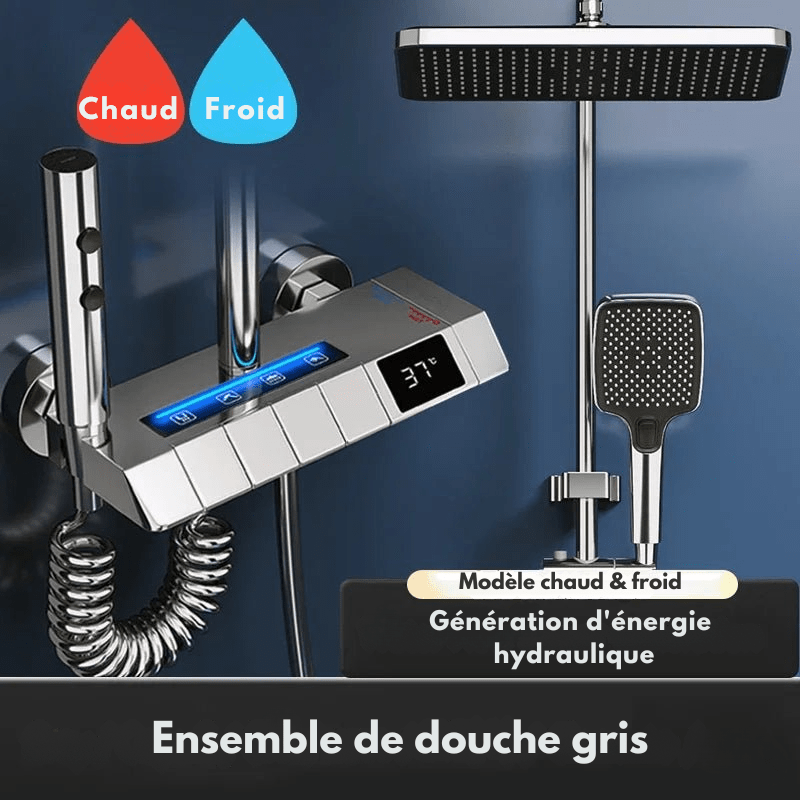 Colonne de Douche Thermostatique Grise LED – Mitigeur Robinet Thermostatique & Affichage Température avec Système Douche effet Pluie et Bec Baignoire