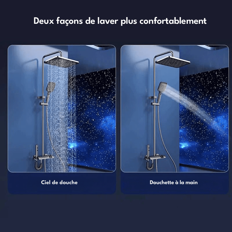 Colonne de Douche Thermostatique Grise LED – Mitigeur Robinet Thermostatique & Affichage Température avec Système Douche effet Pluie et Bec Baignoire