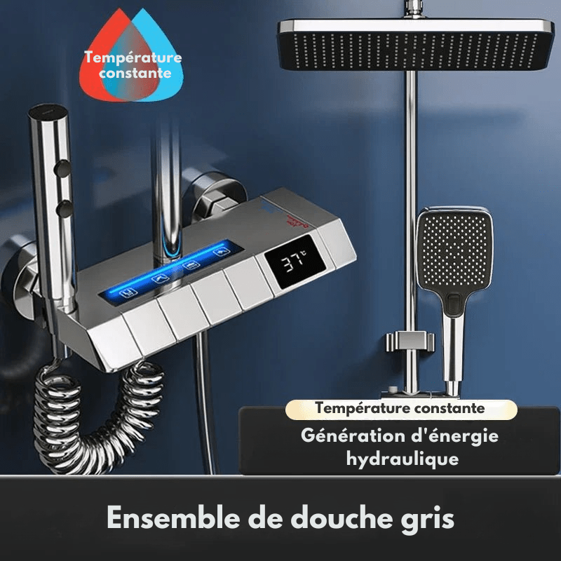 Colonne de Douche Thermostatique Grise LED – Mitigeur Robinet Thermostatique & Affichage Température avec Système Douche effet Pluie et Bec Baignoire