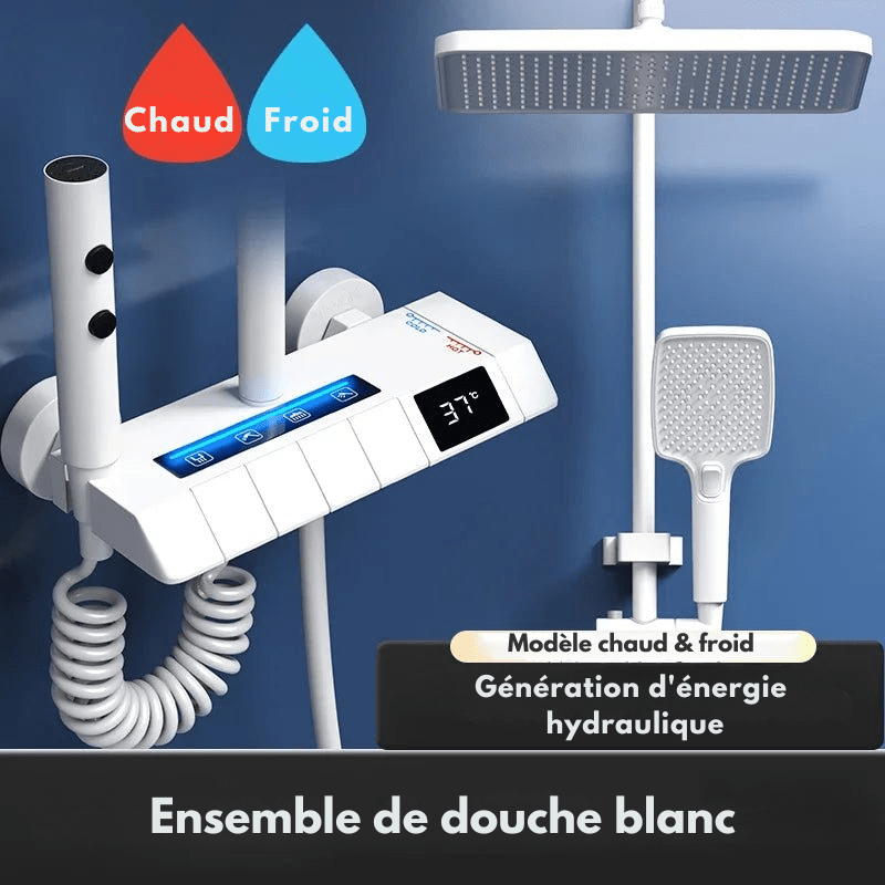 Colonne de Douche Thermostatique Grise LED – Mitigeur Robinet Thermostatique & Affichage Température avec Système Douche effet Pluie et Bec Baignoire