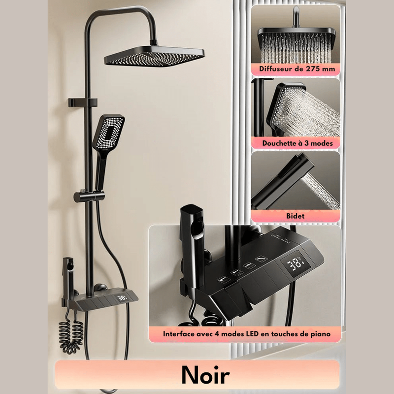 Colonne de Douche Thermostatique Grise – Température en Temps Réel, Design Épuré & Système Complet de Douche Pluie Pressurisée