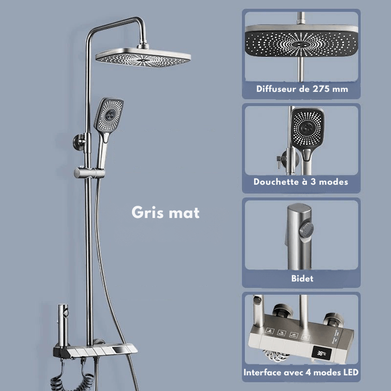 Colonne de Douche Thermostatique Grise – Température en Temps Réel, Design Épuré & Système Complet de Douche Pluie Pressurisée