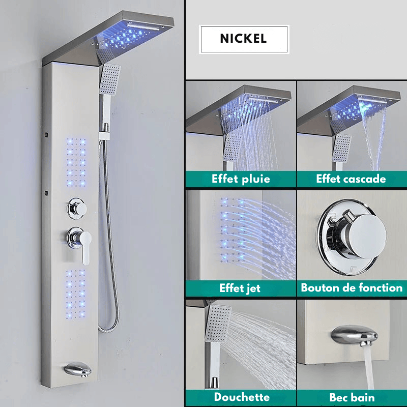 Colonne de Douche Hydromassante Noir Mat LED – Système Multifonction avec Affichage Température et Effet Pluie & Cascade