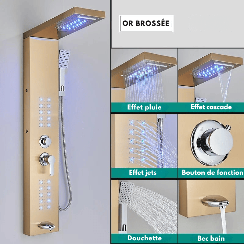 Colonne de Douche Hydromassante Noir Mat LED – Système Multifonction avec Affichage Température et Effet Pluie & Cascade