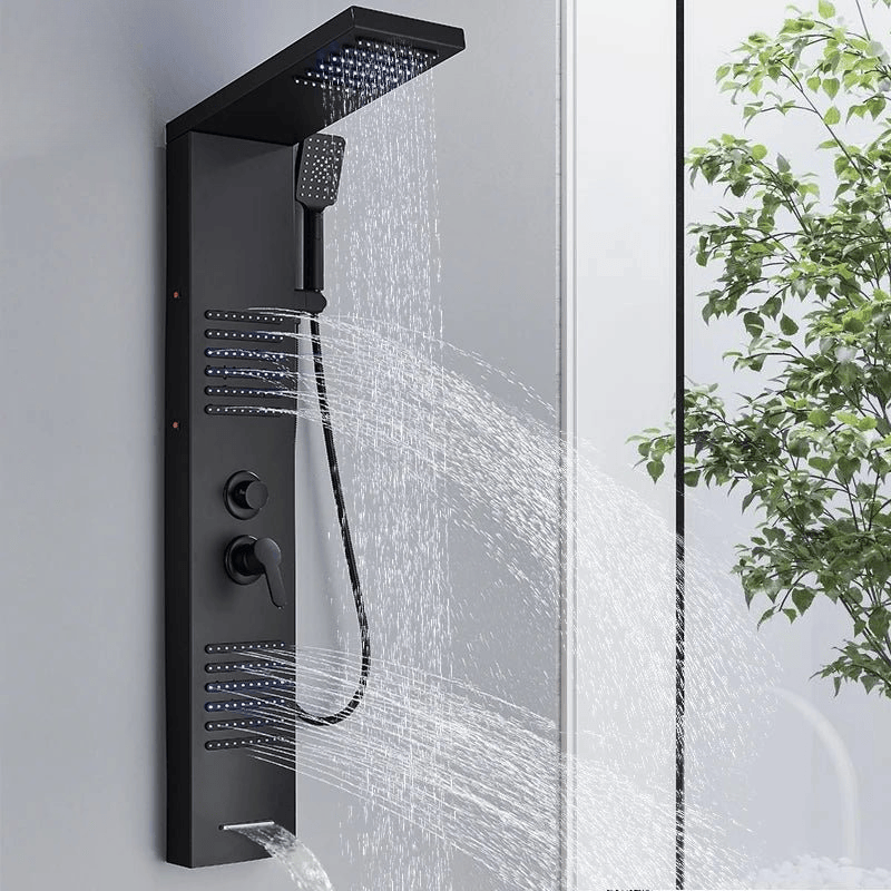 Colonne de Douche Hydromassante Noir Mat LED – Système Multifonction avec Affichage Température et Effet Pluie & Cascade