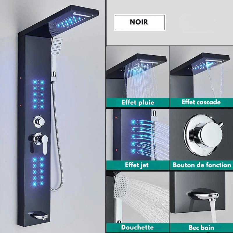 Colonne de Douche Hydromassante Noir Mat LED – Système Multifonction avec Affichage Température et Effet Pluie & Cascade