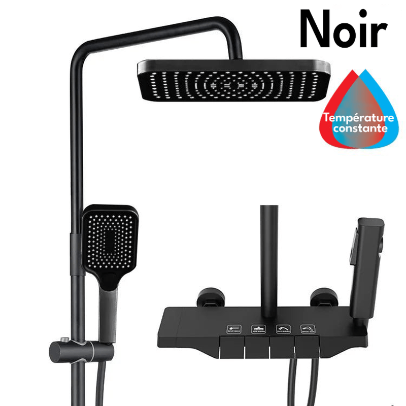 Colonne de Douche Thermostatique Noire LED – Affichage Température, Boutons Piano & Système Douche Pluie en Laiton avec Mélangeur 4 Voies