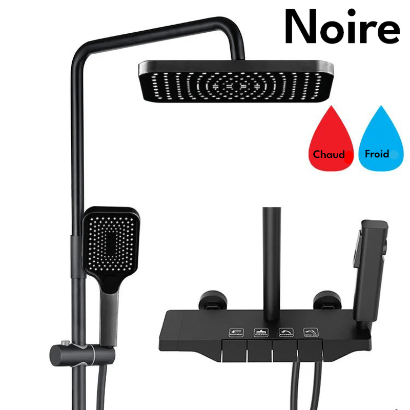 Colonne de Douche Thermostatique Noire LED – Affichage Température, Boutons Piano & Système Douche Pluie en Laiton avec Mélangeur 4 Voies