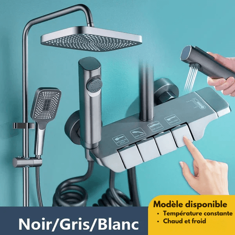 Colonne de Douche Thermostatique Noire LED – Affichage Température, Boutons Piano & Système Douche Pluie en Laiton avec Mélangeur 4 Voies