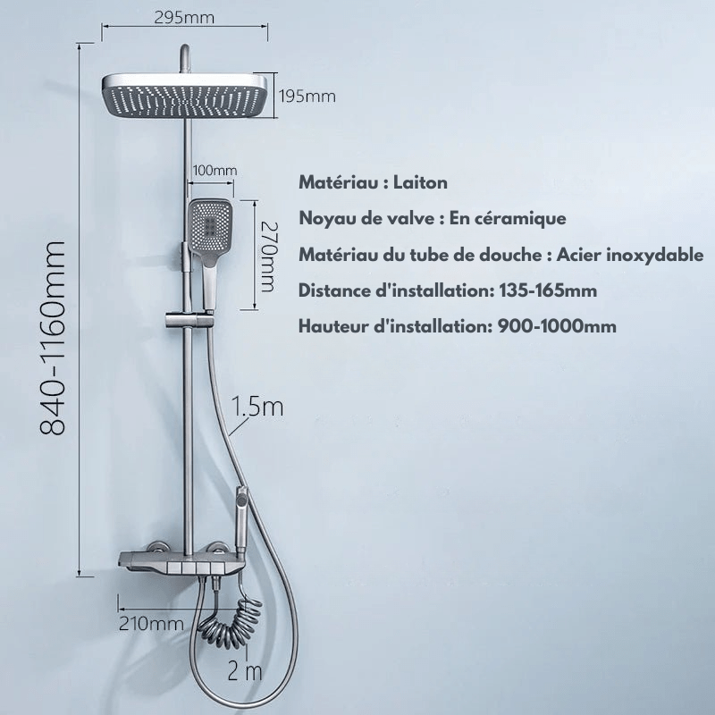 Colonne de Douche Thermostatique Noire LED – Affichage Température, Boutons Piano & Système Douche Pluie en Laiton avec Mélangeur 4 Voies