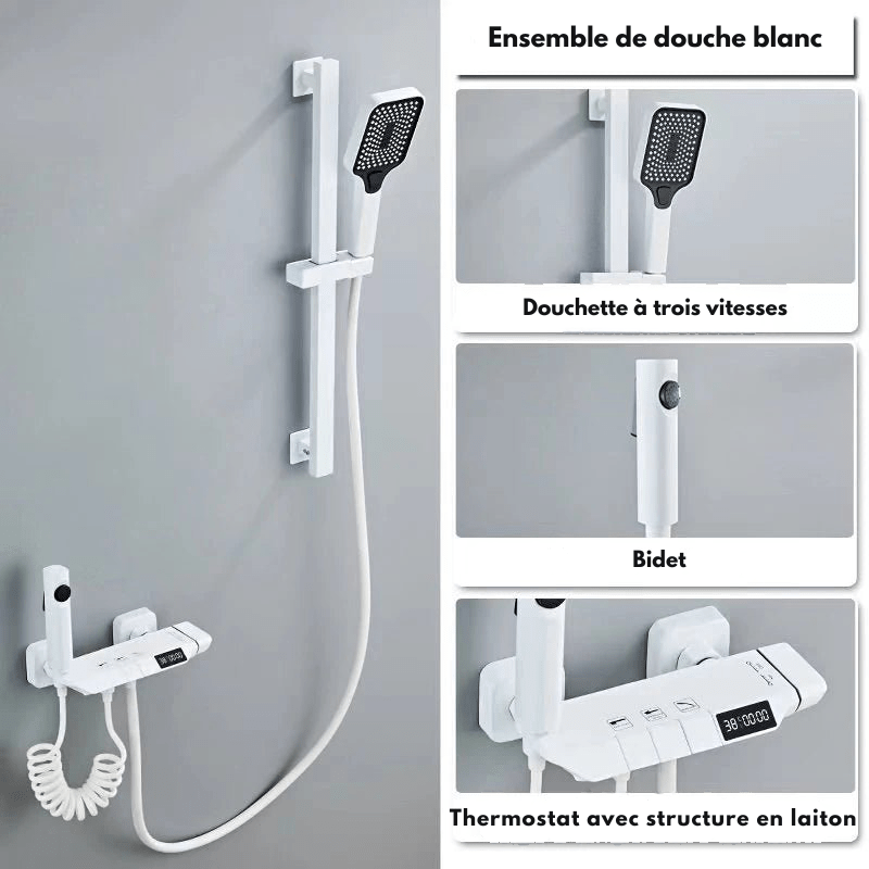 Colonne de Douche Thermostatique Grise LED – Affichage Température Sans Batterie, Hauteur Ajustable & Système de Douche Pluie Pressurisé