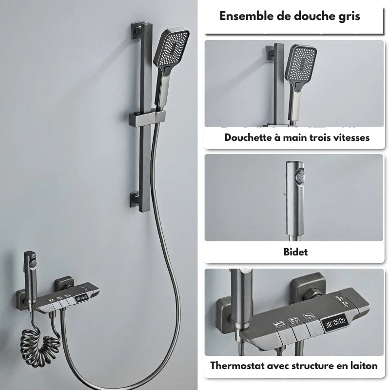 Colonne de Douche Thermostatique Grise LED – Affichage Température Sans Batterie, Hauteur Ajustable & Système de Douche Pluie Pressurisé