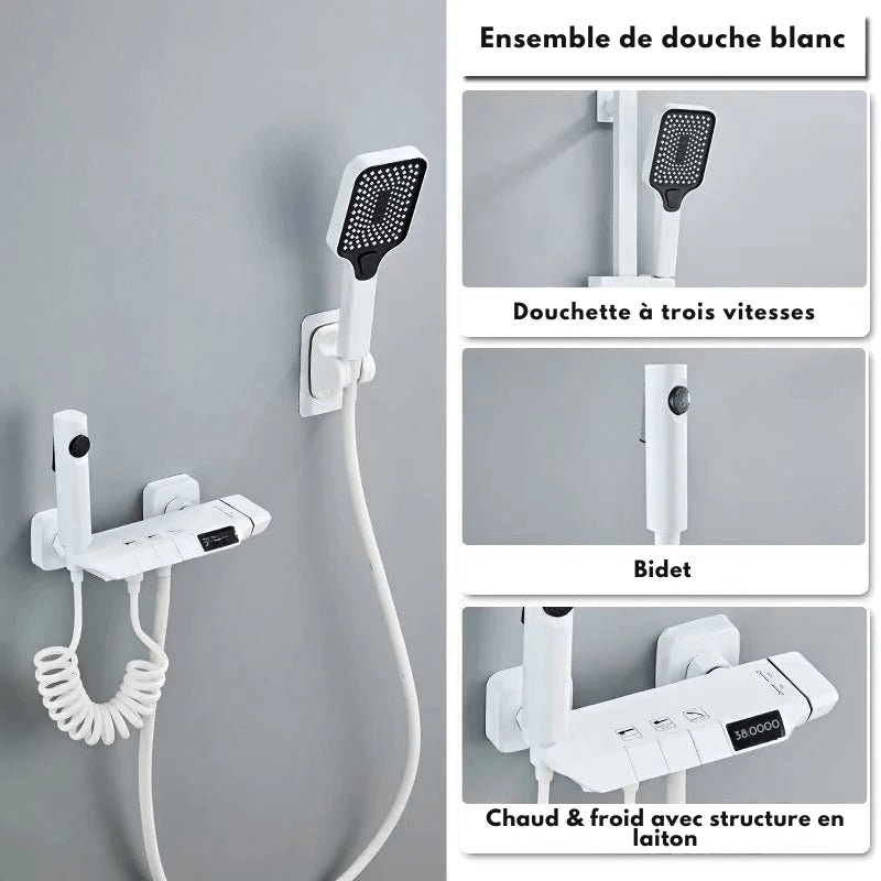 Colonne de Douche Thermostatique Grise LED – Affichage Température Sans Batterie, Hauteur Ajustable & Système de Douche Pluie Pressurisé