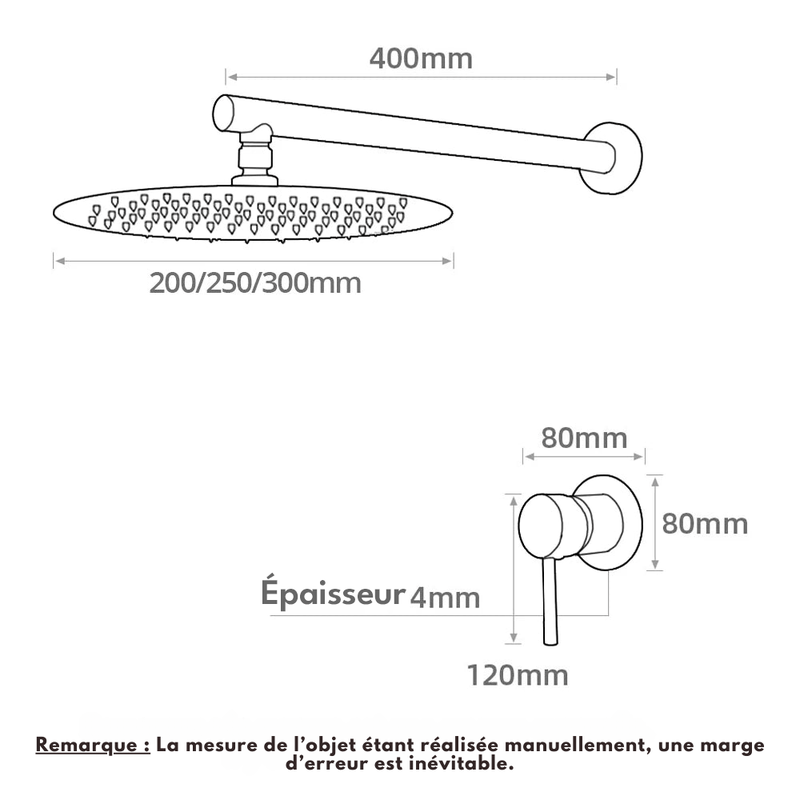 Colonne de Douche Encastrable Noire Minimaliste – Monocommande Ergonomique & Cartouche Sedal 40MM avec Ciel De Douche 20/25/30cm et Mélangeur