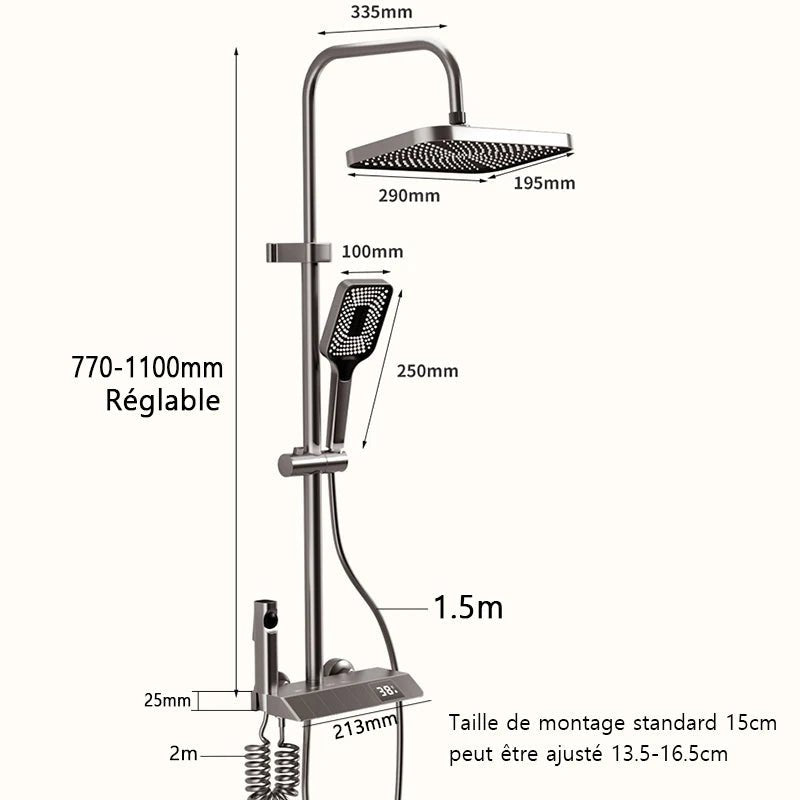 Colonne de Douche Thermostatique Grise – Température en Temps Réel, Design Épuré & Système Complet de Douche Pluie Pressurisée