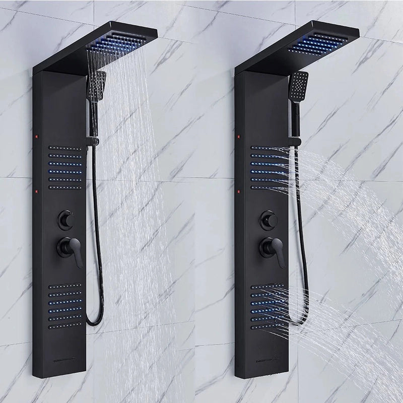 Colonne de Douche Hydromassante Noir Mat LED – Système Multifonction avec Affichage Température et Effet Pluie & Cascade