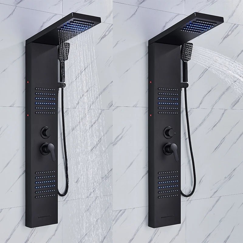 Colonne de Douche Hydromassante Noir Mat LED – Système Multifonction avec Affichage Température et Effet Pluie & Cascade